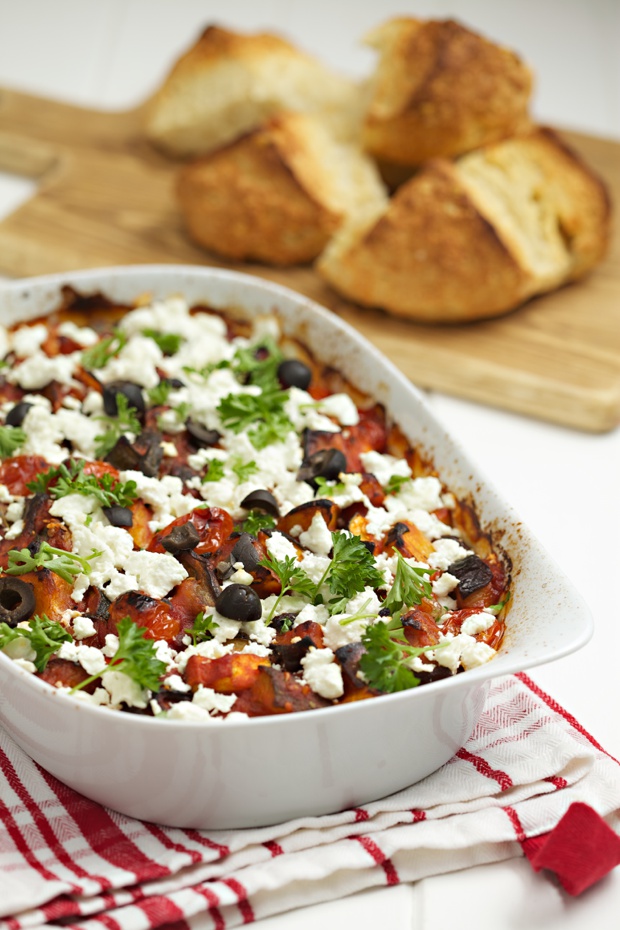 Aubergine and Feta Bake Recipe with courgettes and tomatoes | noshbooks.com